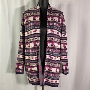 Lands’ End Purple Fair Isle Woodland Animal Print Open Front Cardigan